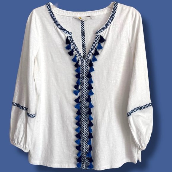 Boden Small Alison Embroidered Tassel Peasant Jersey Long Sleeve Slub Knit Top - Picture 2 of 9